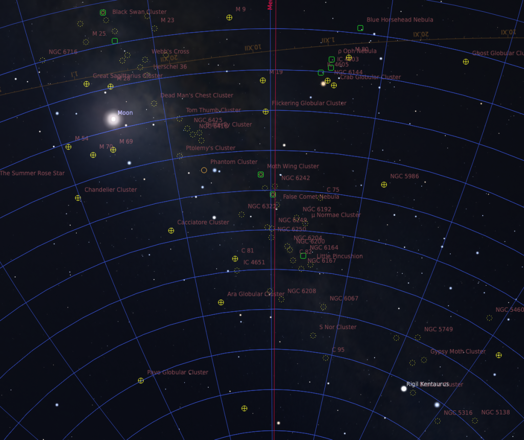 Screenshot from Stellarium showing the southern part of the sky, including the scorpius constellation at transit, as seen from Nairobi.