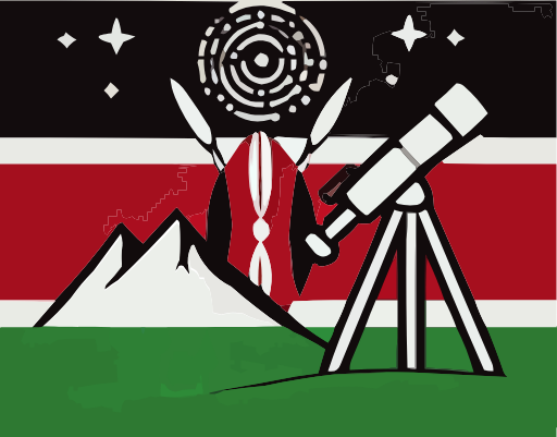 The Kenyan flag as background. On it, in the green section, a telescope, extending upwards through the red into the black section. In the middle, a mountain. A the top, in the black section, a stylised spiral galaxy and stars.