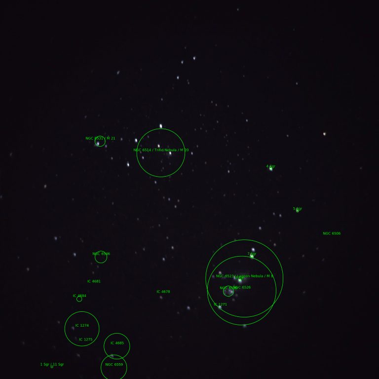 M8, M20 and various star clusters, annotated