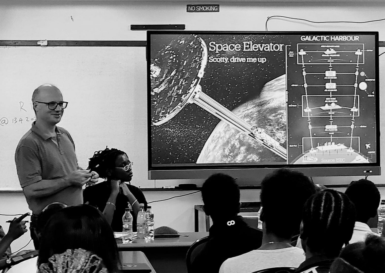 The screen in the lecture room showing the "Space Elevator" slide of my presentation.